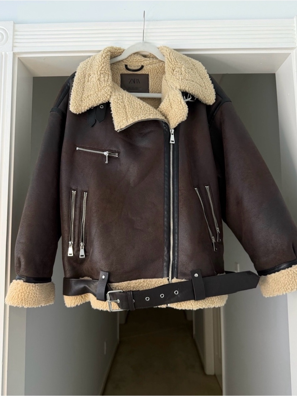 Zara Dark Brown Shearling-Trim Aviator Jacket
